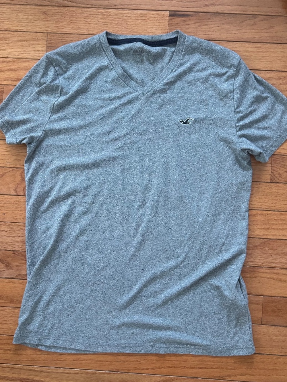 Hollister Mens Heather Gray V-Neck Tee Embroidered Seagull Logo Shirt